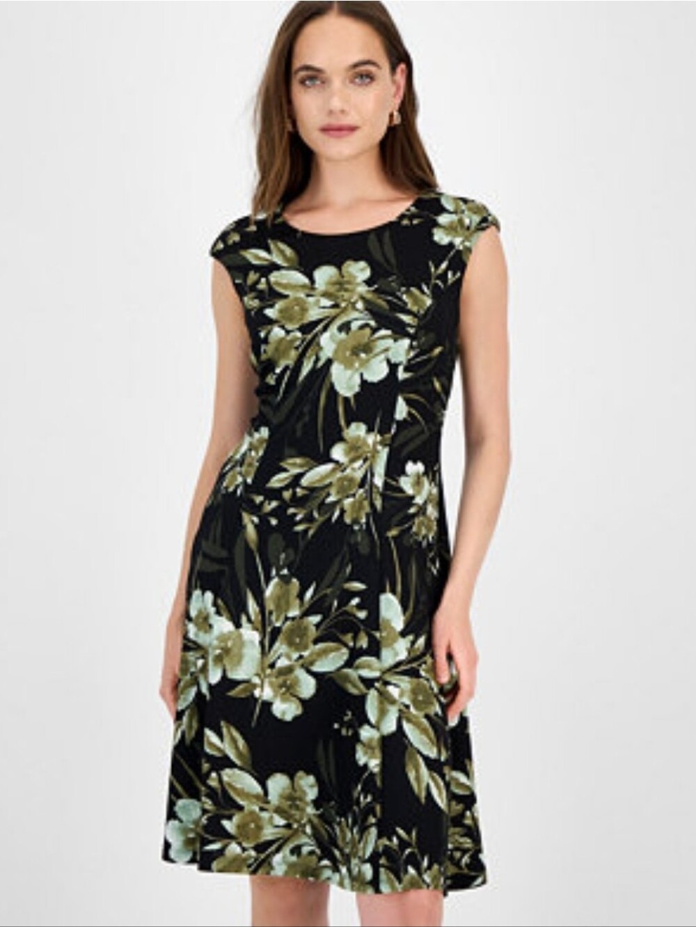 Connected Apparel Fern Floral Cap-Sleeve Midi Dress